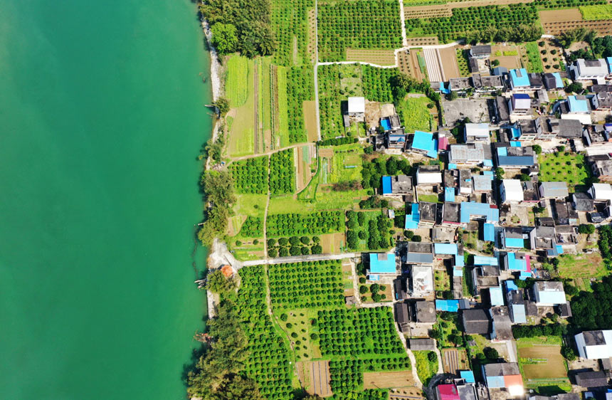 河水、田野、村庄相映成趣。