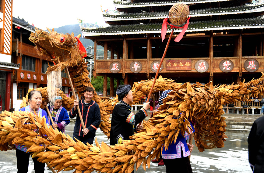 侗族村民在练习舞草龙